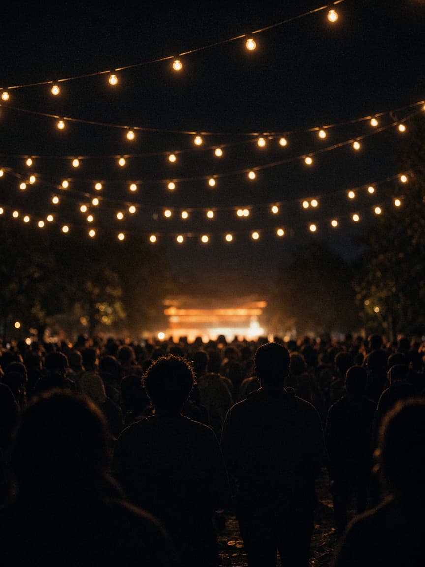 A festival crowd at night, lights and silhouettes.